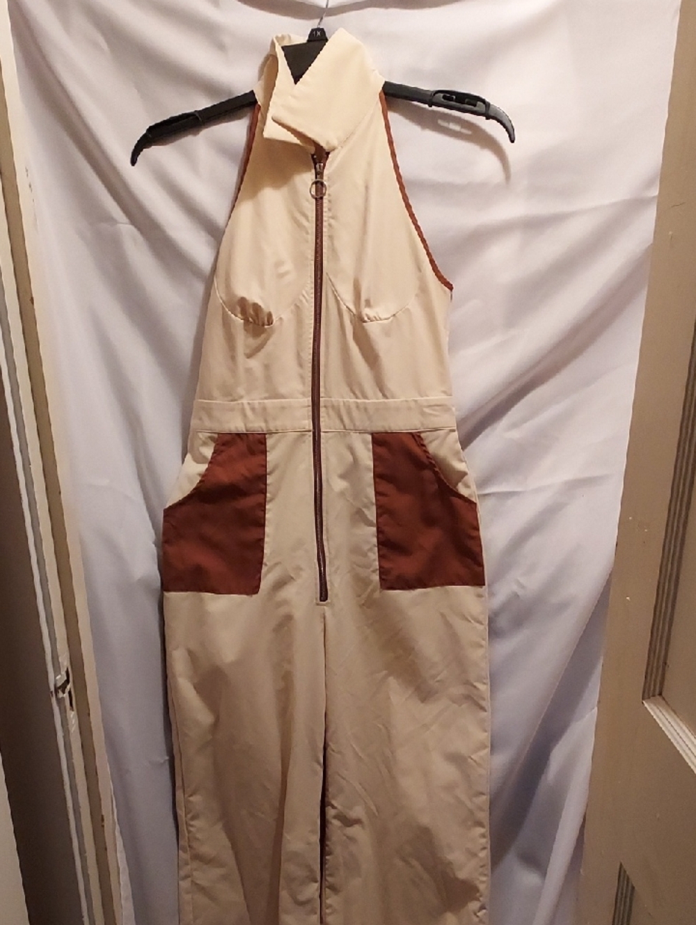 Cider Cream Halter Zip Jumpsuit with Brown Pocket Panels
